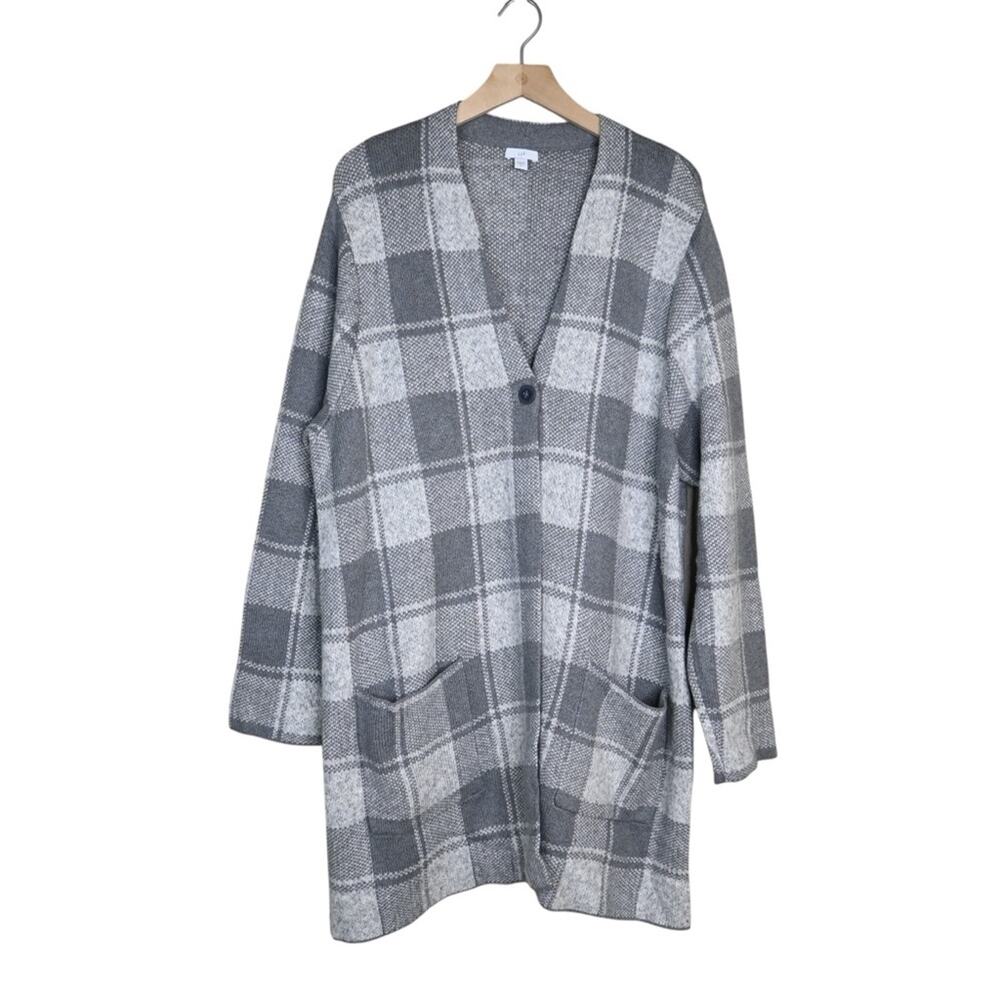 J. Jill Womens XL Gray Block Windowpane One Button Front Longline Cardigan